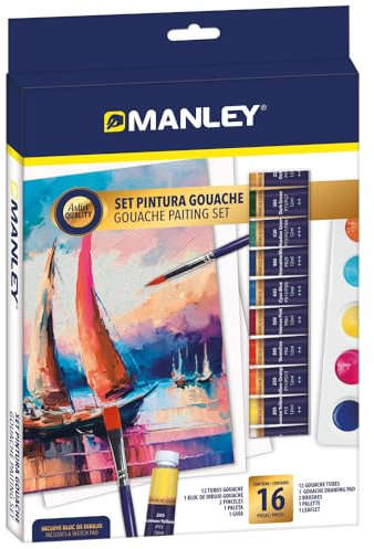 Manley Set Pintura Gouache 16 piezas| Ideal para artistas principiantes | Pintura Gouache calidad artística | Colores intesos y fáciles de mezclar.