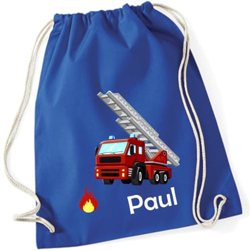 minimutz Turnbeutel Feuerwehr mit Namen personalisiert - Stoffbeutel Jungen Rucksack - Sportbeutel zum Zuziehen - 12L - 37x46cm (royalblau)