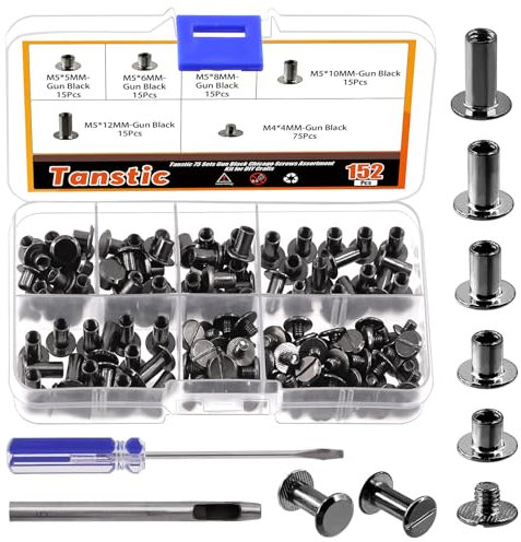 Mardatt Lot de 152 vis Chicago de 5 tailles avec poinçon et tournevis, M5 x 5/6/8/10/12 mm en acier au carbone Chicago M5 Vis de reliure Chicago rivets à tête plate pour réparation du cuir (couleur