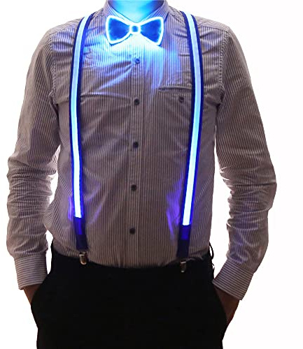 Brejkdo 2 Stück/Combo beleuchtete Hosenträger und Fliege für Herren – LED-Hosenträger Fliege perfekt für Glow Party Rave Halloween Cosplay Kostüm, Farbe: Blau, Einheitsgröße