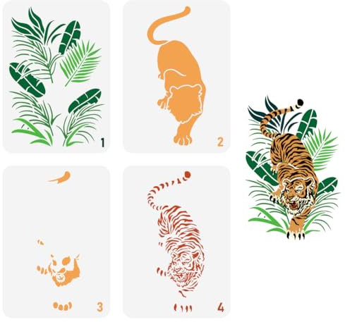 FINGERINSPIRE 4 Stück Geschichtete Tiger Schablonen Zum Malen 21x29.7 cm Große Tiger Muster Zeichenvorlage Kunststoff PET Tropische Blätter Malschablone Ausgehöhlte Tier Themen Vorlage Für Heimwerker