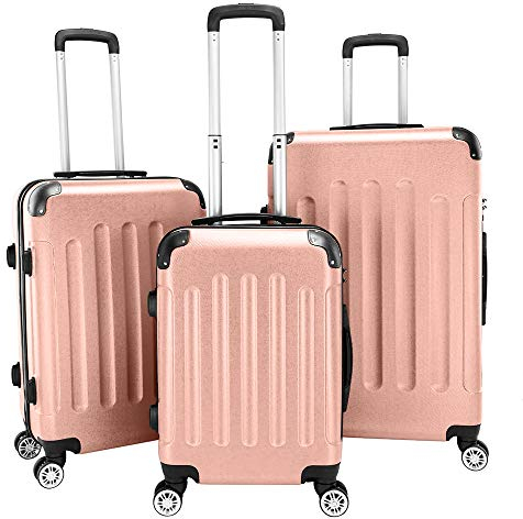 LEADZM Koffer Set 3 Teilig, Reisekoffer Set, Kofferset mit 4 Rollen und Zahlenschloss, Handgepäck, ABS Koffer Qrganizer, Teleskopgriff (Style 1, Rosegold)