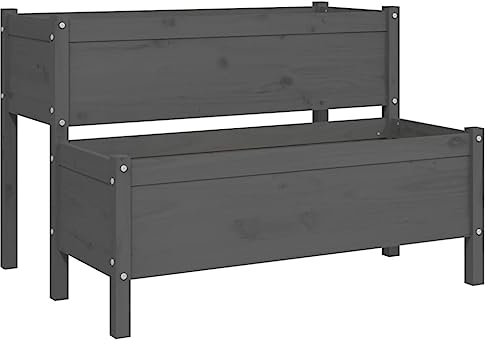 Makastle Jardinière Surélevée en Bois à 2 Bacs, Lit de Culture pour Légumes Fleurs, Jardinière sur Pied, pour Jardin Terrasse ou Balcon, Gris 110x84x75 cm Bois Massif de pin