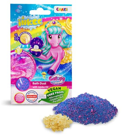 INKEE Galupy Mermaid Badestaub | Knisterndes Badesalz Kinder - Bunter Badezusatz in pink, blau und lila mit Jojobaöl & Bananenmilch-Shake-Aroma, 60g Beutel – Badespaß für Kinder