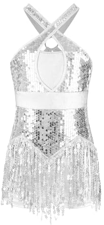 LiiYii Mädchen Latein Tanzkleid Pailletten Body Overall Quasten Tanzbody Glitzer Fransen Bodysuit Trikots Gymnastik Leotard Wettbewerb Tanzkostüm Silber 134-140