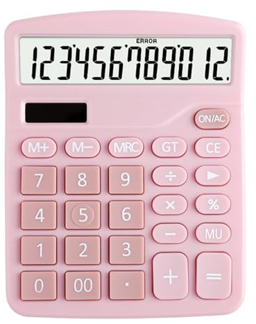 Calcolatrice da tavolo, a 12 cifre, a doppia alimentazione, con batteria solare, portatile, standard, con ampio display per casa, scuola, ufficio (rosa)
