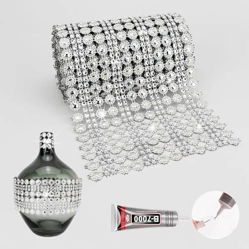Yhsheen 3Yards Crystal Flower Rhinestone Ribbon with Glue, 4.5In/16Rows Rhinestone Mesh Fabric, Bling Rhinestone Ribbon Roll for Crafts, DIY Decoration(3Y-Silver)