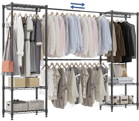 Teleskopstange Kleiderständer mit 4 Kleiderstangen und 6 Höhenverstellbaren Regalen 1 Haken Teleskop Regalsystem B (175-230) x H180 cm Anpassbar an Unterschiedlichste Räumlichkeiten Schwarz