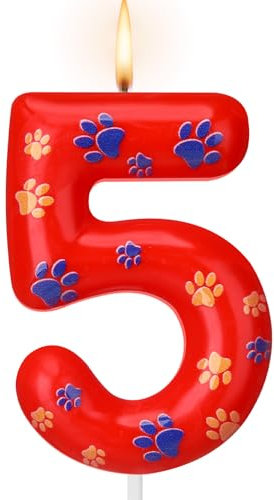 Conelist Number 5 Dog Paw Birthday Candles Dog Patrol Toppers Candles Blue Yellow and Red Numeral Birthday Cake Topper for 5 Year Old Boy Girl Paw Party Decoration Patrol Party Supplies