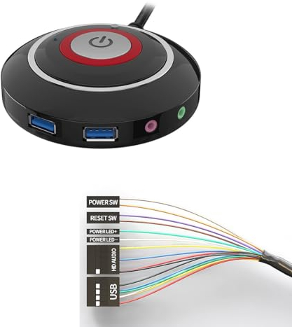 Switian Interruptor de encendido y apagado del ordenador, Pulsador Electrico, Botón de arranque para PC con 2 puertos USB, 1 conector de audio, 1 puerto de micrófono, Pulsador Externo para PC