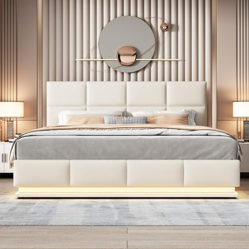 KOMHTOM Lit LED avec Espace de Rangement Lit capitonné avec sommier 180x200cm avec Pieds Lit Coffre Moderne en Faux Cuir lit Deux Place (Beige)(Matelas Non Inclus)