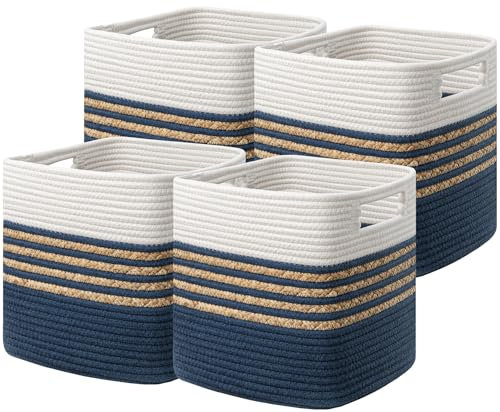 UBBCARE Set of 4 Storage Cubes 13 X 13 X 13 in, Water Hyacinth Storage Bins for Shelves, Toys, Book, Storage Baskets with Handles, Cotton Rope Woven Baskets for Organizing, Navy Blue