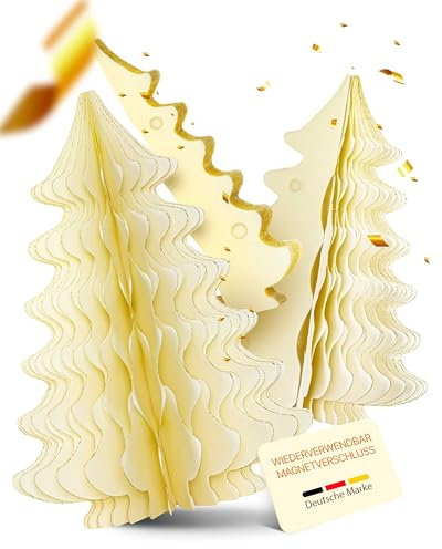 MJhomely® Papier Weihnachtsbaum Set [Beige, 3 Stück] - Faltbarer Weihnachtsbaum als Elegante, skandinavische Weihnachtsdeko - Waben Tannenbaum Papier - Faltbaum Weihnachten Deko - Weihnachtsschmuck