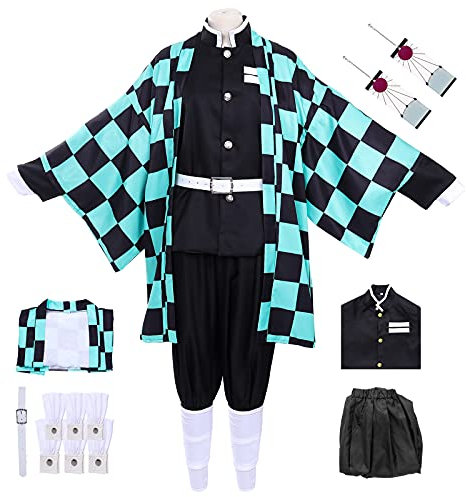 Angenster Tanjiro Cosplay Kostüm Set, Tanjiro Kostüm Anime Cosplay Slayer Kostüm Slayer Uniform Kimono Jacke Ohrringe, Tanjirou Cosplay Anime Kostüm für Halloween Karneval Herren Damen (Cosplay1, L)
