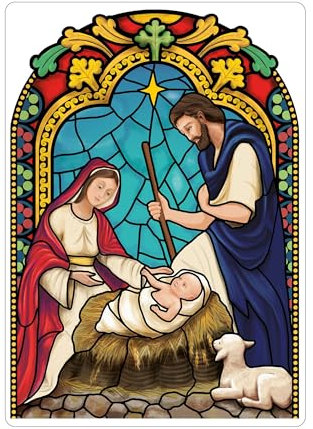 Fensterbild Winter Kirche Krippenbild Maria und Josef bunt farbig rund wiederverwendbare Fensteraufkleber Mosaik Weihnachten, A 4