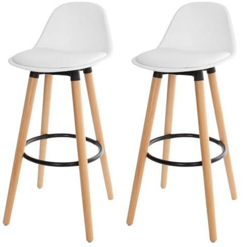 Acomoda Textil – Juego de 2 Taburetes de Bar para Cocina, Salón, Comedor y Restaurante. Silla Alta, Acolchada y Cómoda con Respaldo y Reposapiés 40,5x38x91,5 cm. (Blanco)
