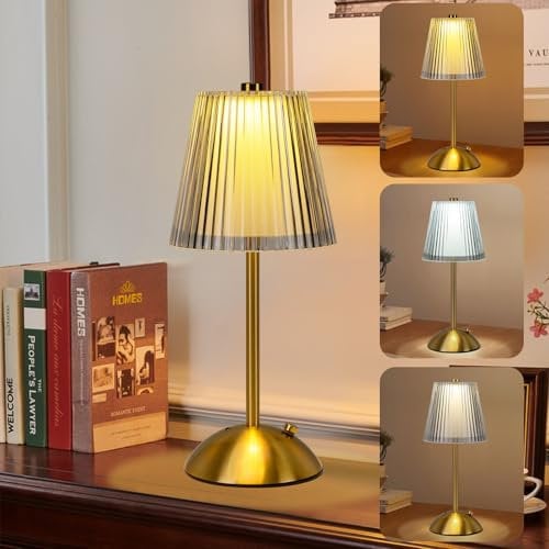 Pearlstar Table Lamp, LED Rechargeable, Dimmable Bedside Lamp, 3 Colors Battery, Touch Control, Gold Crystal Shade