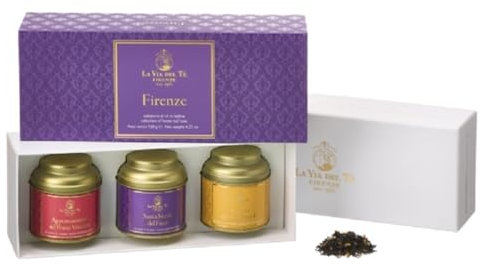 Coffret cadeau - La via del Thé Florence - dans une boîte cadeau violette avec 3 boîtes de 40 grammes