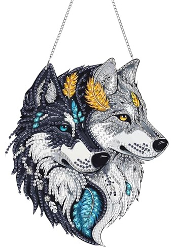 MOMAKA Wolf Diamond Painting Fensterbilder, Diamond Painting Anhänger, Diamond PaintingTier, Diamant Painting mit Kette, Wandbehang Kits für Fenster Wand Eingang Garten Decor 20x20cm