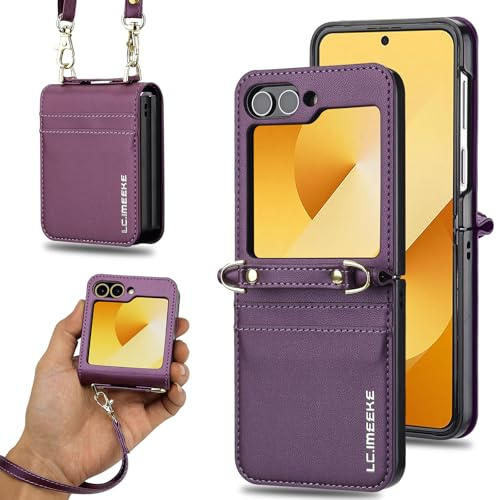 ZHOZEXIN Compatibile con Samsung Galaxy Z Flip 5, elegante custodia protettiva in similpelle, custodia a portafoglio, slot per carte, custodia per telefono con laccetto （Viola ）
