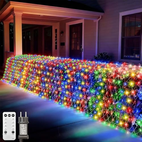 Ledido Bunte Weihnachtsnetzlichter, 4,5 m x 1,5 m 300 LEDs Mehrfarbige Netzlichterkette mit Fernbedienung Timer 8 Modi, Anschließbar, Grüner Draht für Büsche, Bäume, Höfe, Gartendekoration