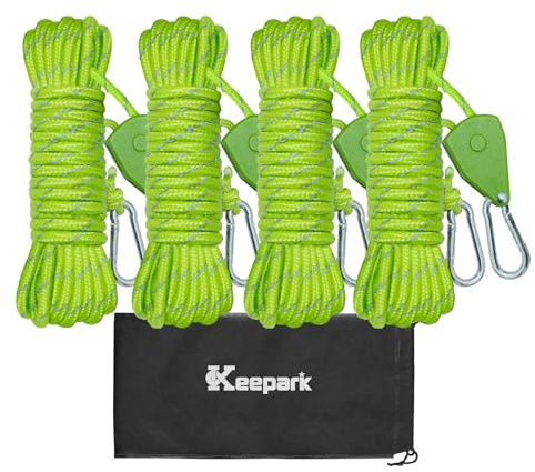 Camping Rope Tarp Tie Down Ropes with Ratchet System, Pulley & Reinforced Metal Gear - Heavy Duty Adjustable Guy Lines for Canopy Tent, Quick Setup Outdoor Strap (1/6 Dia. x 16' L, 4PCS, Neon Green)
