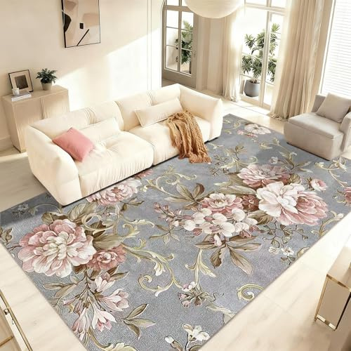 WQMMD Wohnzimmer Teppich Vintage Rosa Grau 180 x 250 cm Waschbarer Kurzflor rutschfest Boho Blumen Großer Weich Teppich Blätter Muster Design für Küche, Schlafzimmer, Esszimmer,Bauernhaus