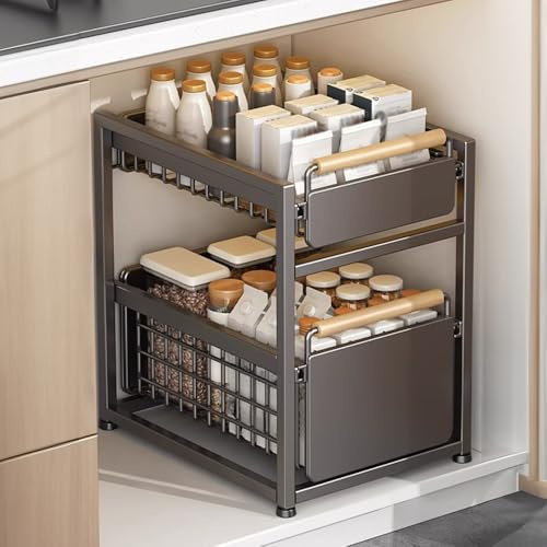 BEOSIOR Under Sink Storage 2-Tier Pull Out Sliding Basket for Cabinet Kitchen Cupboard Organiser Metal Storage Rack for Bathroom Grey
