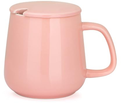 VOBAGA 15oz Ceramic Coffee Mug with Lid and Flat-Bottom, Morning Coffee Mug for Daily Use Warming Coffee & Tea (Pink)