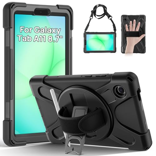Gerutek Coque Antichoc pour Samsung Galaxy Tab A11 8.7 Pouces 2025, Noir | SM-X130/X133/X135, Étui Robuste avec Support Rotatif, Dragonne et Bandoulière, Porte-Stylo, Housse pour Galaxy Tab A11 8.7