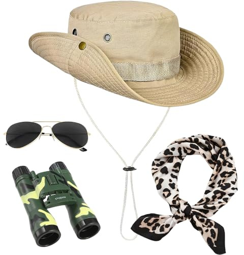 KUWUNG 4 Stück Safari-Kostüm, Safari Kleidung Damen Mit Safari-Hut Fernglas Sonnenbrille, Teleskop, Halstuch Safari Hut Damen Kostüm Herren Für Frauen Cosplay Karneval
