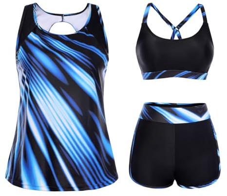Hanna Nikole 3 Piece Womens Tankini Sets,Sport Swimming Costume Tummy Control Swimwear, Modest Swimsuit,Round Back Hollow Tankini Top Adjustable Bikini Top and High Waist Swim Shorts with Pockets