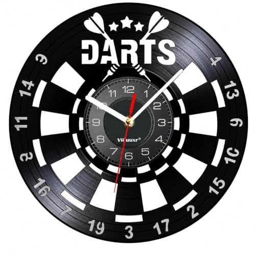 Viiluuxr Ausgefallene Darts-Wanduhr 30 cm, leise Vinyl-Uhr, schwarz | Schwarze Wanduhr im Schallplatten-Look mit Dartscheibenmotiv, 30 cm, für Spielzimmer, Bar und Wohnzimmer, leises Quarzwerk