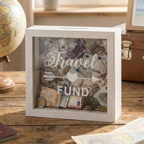 MIJOMA Spardose aus Holz mit Glasfront – dekorativer Sparrahmen für Geldgeschenke zu Hochzeit, Geburtstag, Reise & mehr – kreative Geldbox (Travel Fund - weiß, 15 x 15 x 5 cm)
