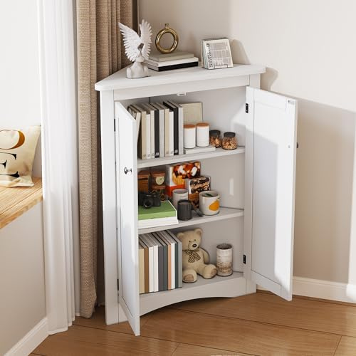 Eck-Schrank für Badezimmer – Freistehender 2-türiger Dreiecks-Schrank mit 3 Ebenen, hochwertige MDF-Platte mit lackierter Oberfläche, platzsparend für Bad, Küche, Wohnzimmer (61,5 x 90 cm) (Weiß)
