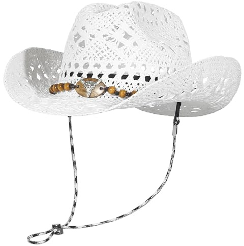 GEMVIE Chapeau de Cowboy Occidental tissé à la Main à Large Bord en Paille Panama pour Homme et Femme Chapeau de Plage bohème, Haut Blanc H, 56-58