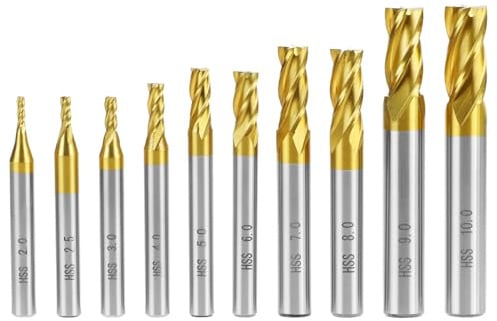 QWORK® Juego de Fresas, 10 piezas, HSS con Recubrimiento de Titanio, 2-10 mm – 4 Flautas, para Mecanizado CNC, Metal, Aluminio y Madera – Herramienta de Corte de Precisión para Taller e Industria