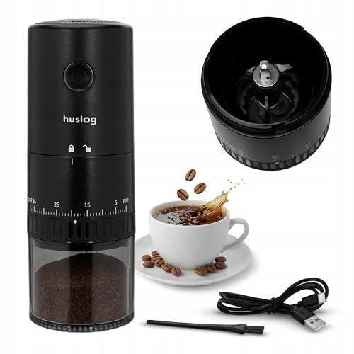 huslog Molinillo de café eléctrico inalámbrico, 30 W, mecanismo cónico con mecanismo de cerámica, batería USB-C de 2000 mAh, grado de molienda ajustable, molinillo portátil para casa y viaje, 25 g