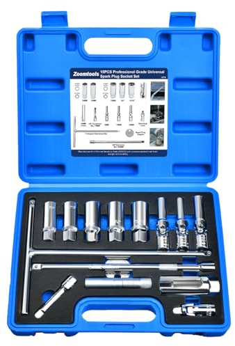 Zoomtools 15pcs Magnetic Spark Plug Socket Set(14mm, 16mm, 18mm, 3/4, 13/16) with T-Shaped Extension Bar, 8-12mm Glow Plug Removal Tool, Spark Plug Gapper and Universal Joint, 3/8 Drive, CR-V Steel