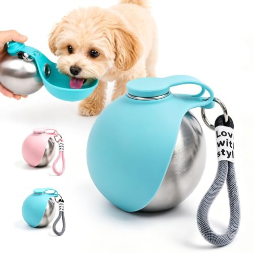 Botella de Agua para Perros 2 en 1 Portátil, 285ml, Bebedero de Acero Inoxidable Antifugas con Cuenco Plegable de Silicona, para Paseos, Senderismo y Excursiones – Ligero y Duradero (Azul Tiffany)