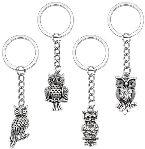 Mecmbj Schlüsselanhänger Eule, 4 pcs Süße Eulen Schlüsselanhänger Geschenk | Eule Schlüsselanhänger aus Zinklegierung, Silberfarben, Glücksbringer eulen schlüsselhalter für Familie, Freunde, Paare