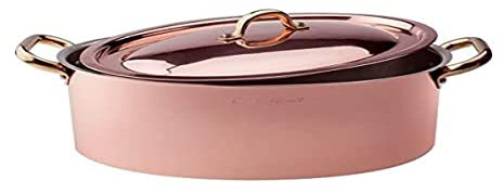Pentole Agnelli ALCU12630 Casseruola Ovale Alta in Rame liscio stagnato con coperchio e 2 Maniglie in ottone, 30 cm