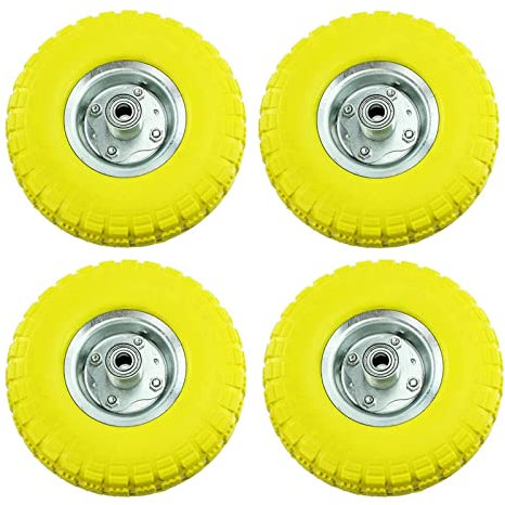 SPARES2GO 10 4.10/3.50-4 Solid Yellow Rubber Wheelbarrow Tyre & Axle Wheel Bearing for Cart Barrow Trolley (Pack of 4)