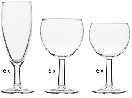 Pasabahce Banquet Set 18 Calici in Vetro. Composto da 6 Calici Acqua cl 19.5, 6 Calici Vino cl 15.2, 6 Calici Flute cl 15.5.