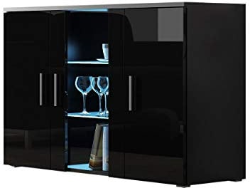 Kommode mit Blauer LED Beleuchtung SOHO S7 Sideboard Schrank Wohnzimmerschrank mit 3 Türen (Schwarz/Schwarz Hochglanz)