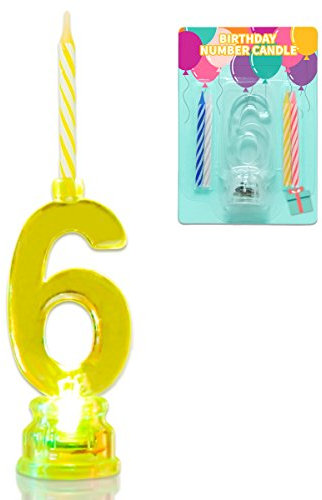 NOVELTY PLACE Multicolor Flashing Number Candle Set, Color Changing LED Birthday Cake Topper with 4 Wax Candles (Number 6)