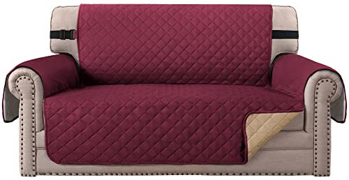 BellaHills Sofa Cover Sofa Loveat Schutzhülle Luxuriöse Reversible Gesteppte Möbelschutzfolie, an Ort und Stelle Mikrofaser weich und wasserabweisend (2 Sitzer/Love Seat: Burgund/Tan)