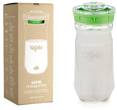 KEFIRKO Kefir Maker | El Set Ideal para Preparar Kéfir de Leche o Kéfir de Agua en Casa | Fermentador-Germinador Casero + Librito de Recetas Descargable en PDF | 1.4l | BPA Free | Verde