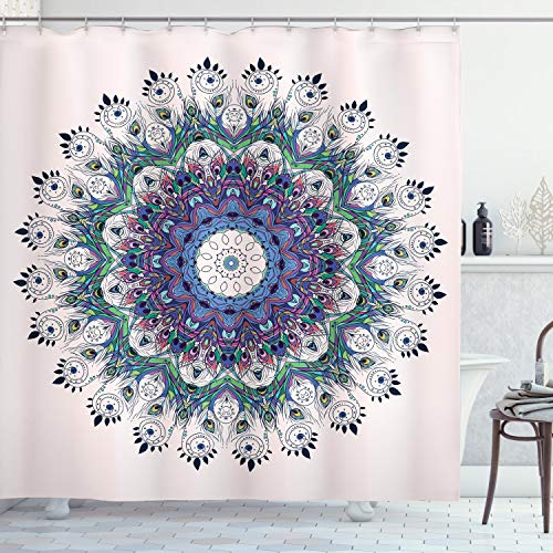 ABAKUHAUS Mandala Duschvorhang, Bunte Kunst Peacock, Stoffliches Gewebe Badezimmerdekorationsset mit Haken, 175 x 200 cm, Teal Lila