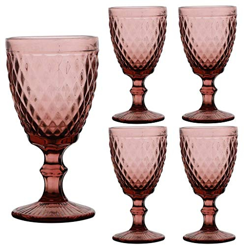 Dibor - Set of Four Footed 270ml Wine Glass Goblets Vintage Pink Embossed Glassware (CB97)